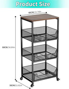 HapiRm Fruit Basket Kitchen Cart - 4-Tier Rolling Storage Cart with Wheels, Fruit Vegetable Basket with Wood Top, Pantry Utility Kitchen Organizer for Fruit Potato Onion Vegetable Bread Snack