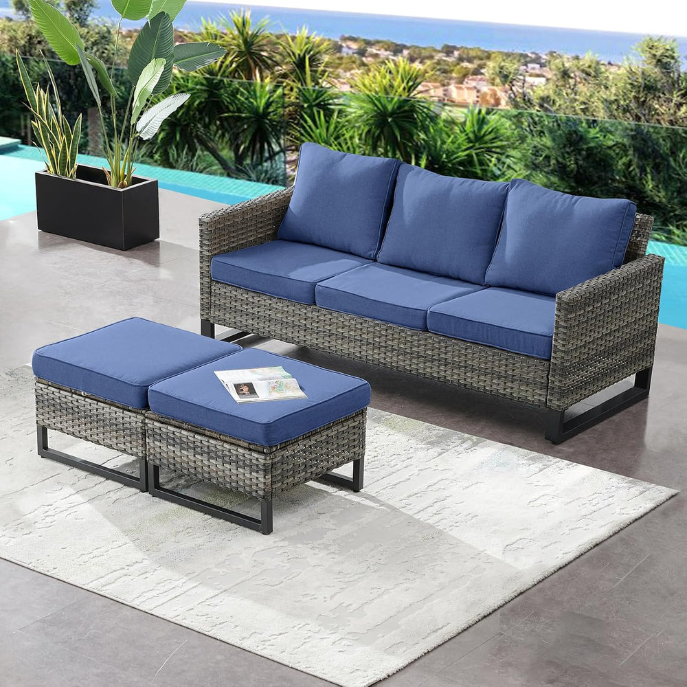 HUMMUH Outdoor Ottomans for Patio Set of 2 PE Wicker Outdoor Footstool with R...