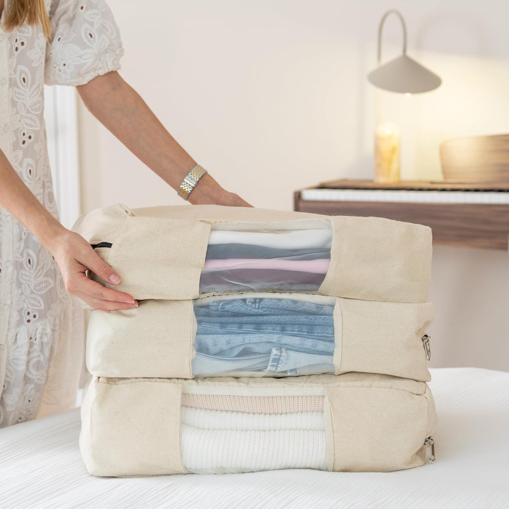 Clothes Storage Bags - 100% Cotton Canvas Sweater Storage Bags with Zipper - Reusable, Washable, Breathable, and Moth Proof Garment Bags - Convenient and Easy to Carry and Organize (2 Bags)