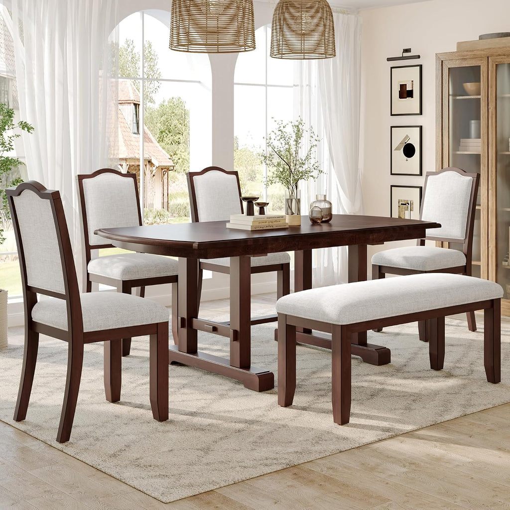 P PURLOVE 6 Piece Dining Table Set, 60inch to 78inch Extendable Wood Kitchen Table with Removable Leaf, 4 Upholstered Side Chair and 1 Bench for 6 (Cherry)