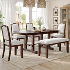 P PURLOVE 6 Piece Dining Table Set, 60inch to 78inch Extendable Wood Kitchen Table with Removable Leaf, 4 Upholstered Side Chair and 1 Bench for 6 (Cherry)