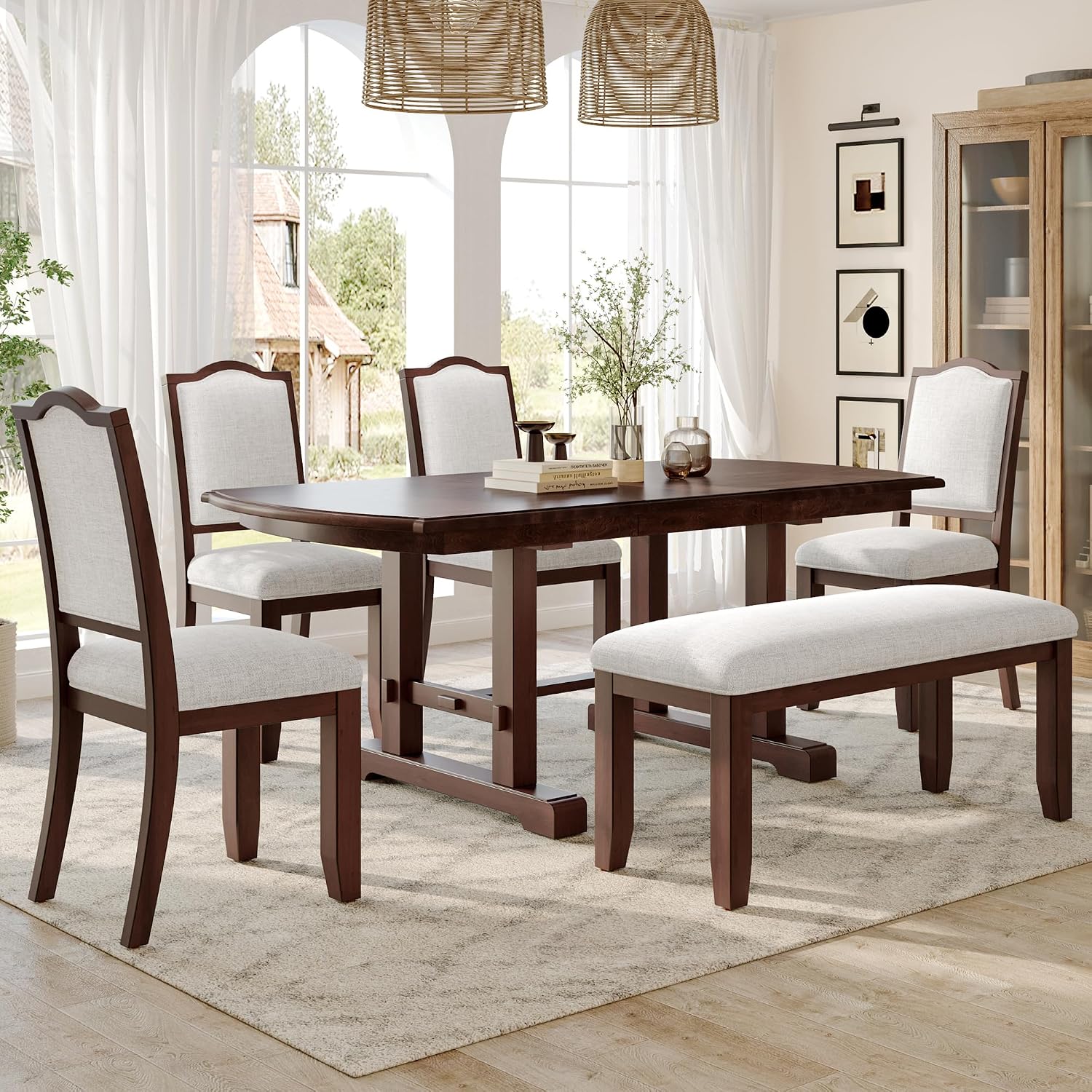 P PURLOVE 6 Piece Dining Table Set, 60inch to 78inch Extendable Wood Kitchen Table with Removable Leaf, 4 Upholstered Side Chair and 1 Bench for 6 (Cherry)
