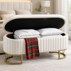 Velvet Storage Bench for Queen Size Bed, 46'' Beige Oval Ottoman, Gold Legs | Easy Assembly, Housewarming Gift, Bedroom, Living Room & Entryway
