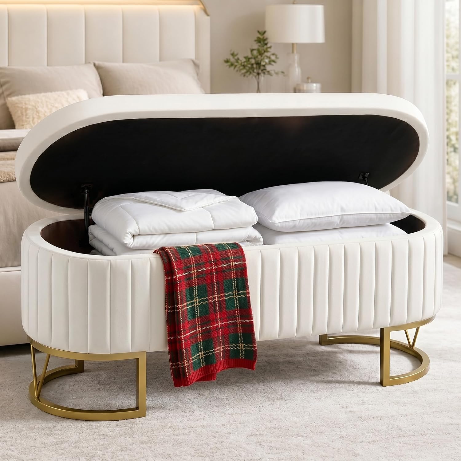 Velvet Storage Bench for Queen Size Bed, 46'' Beige Oval Ottoman, Gold Legs | Easy Assembly, Housewarming Gift, Bedroom, Living Room & Entryway