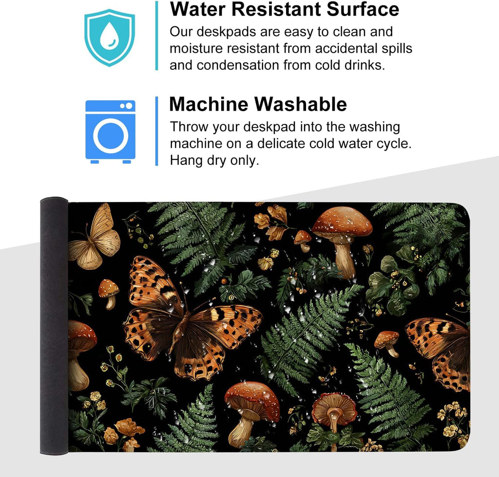 Vintage Butterfly Mushroom Mouse Pad – Large Extended Desk Mat 35.43 x 15.75 in – Dark Forest Aesthetic with Ferns & Fungi, Waterproof Surface, Non-Slip Rubber Base, Keyboard & Mouse Pad