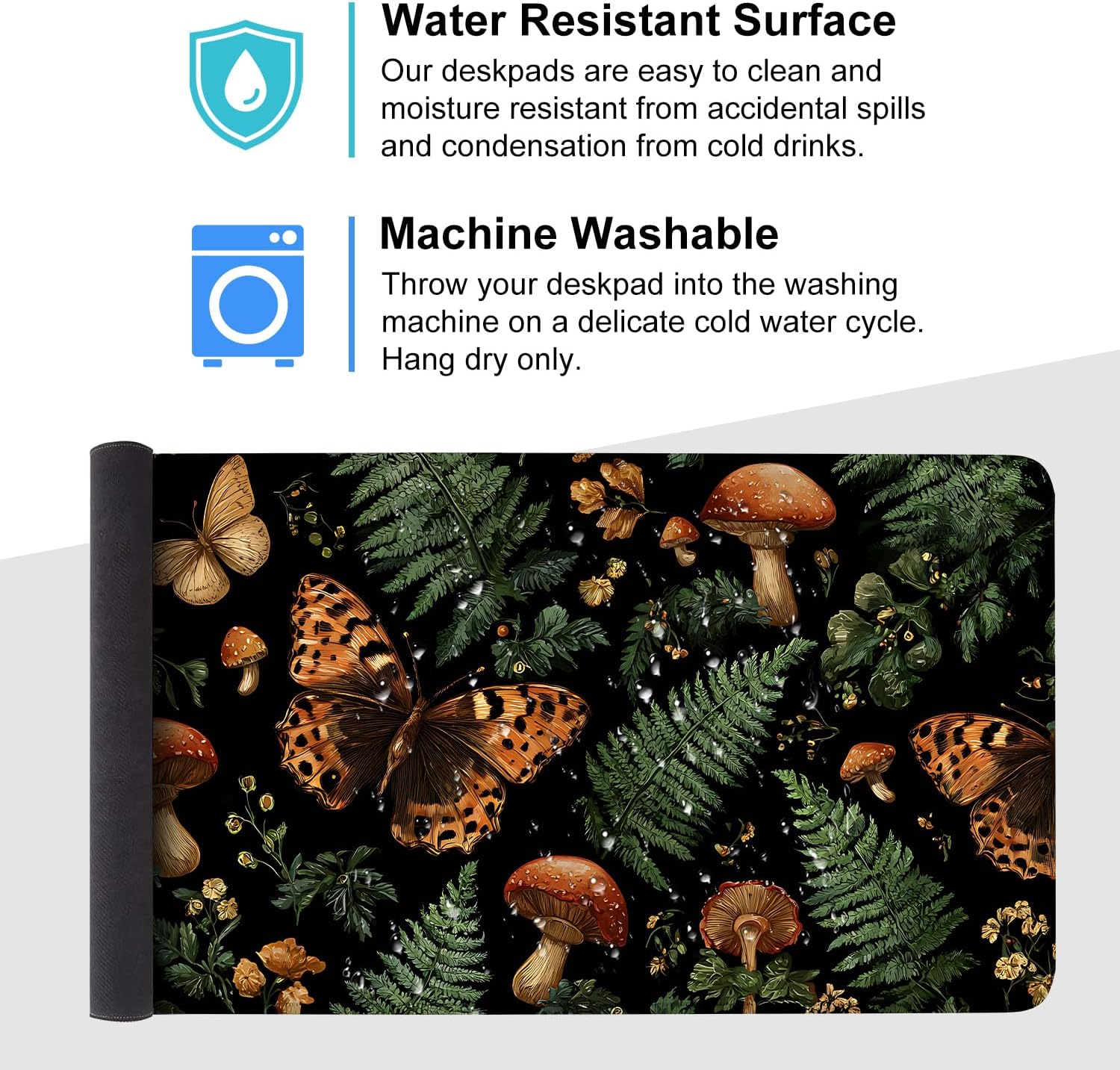 Vintage Butterfly Mushroom Mouse Pad – Large Extended Desk Mat 35.43 x 15.75 in – Dark Forest Aesthetic with Ferns & Fungi, Waterproof Surface, Non-Slip Rubber Base, Keyboard & Mouse Pad