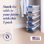 HOMZ 5-Pack Latching Lid, Clear Plastic Storage Organizer Bins, 7.5 Quart, Blue Latch - Stackable Organizing Containers for Home, Garage, and Office