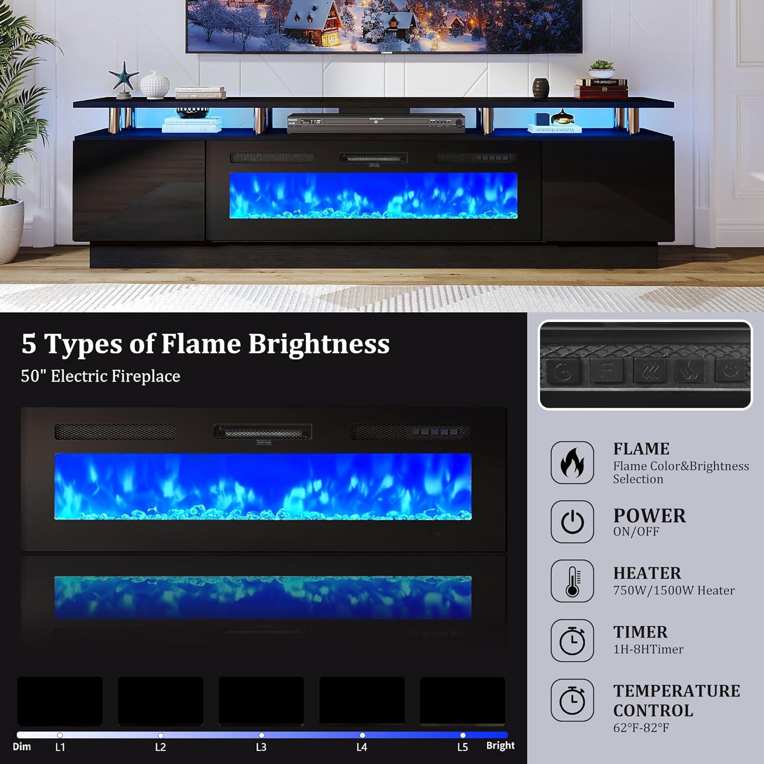 oneinmil 90'' Fireplace TV Stand with 50” Electric Fireplace, 2 Tier TV Console Stand for TVs Up to 100", LED Light Entertainment Center, Fireplace for The Living Room TV Stand, Black