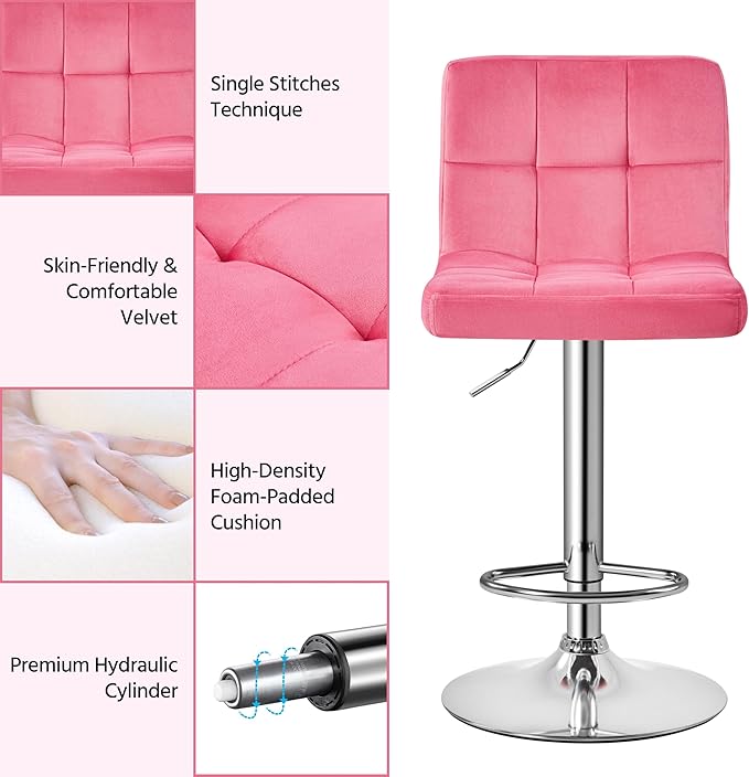 Yaheetech Pink Bar Stools Set of 2, Adjustable Velvet Barstools, Modern Count...