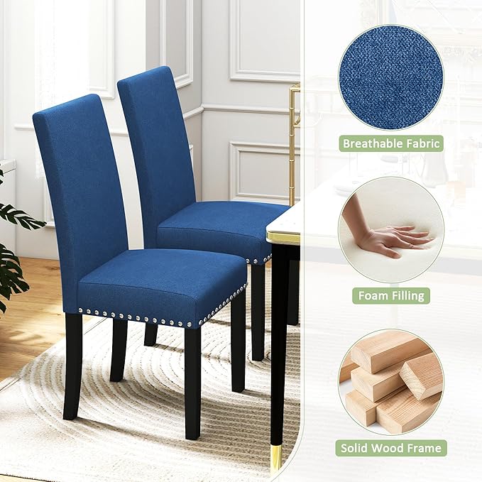 LSSPAID Dining Chairs Set of 4, Fabric Upholstered Dining Room Parson Chair with Nailhead Trim and Solid Wood Legs for Home and Kitchen, Blue