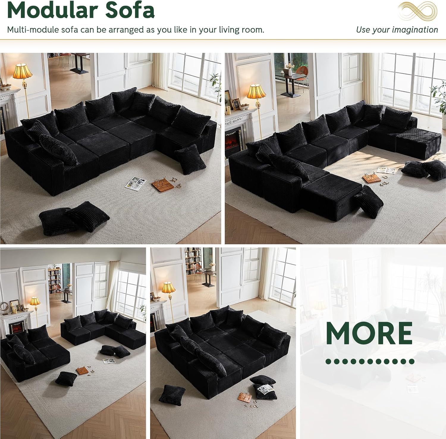 Sleeper Sofa 9 Seater Boneless Couch Modular Sectional Sofa | Cloud Couch Sectional Couches for Living Room, U Shaped Couches with Ottomans No Assembly Required, Black