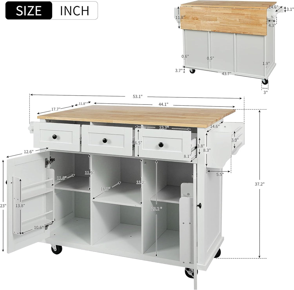 LUMISOL Rolling Kitchen Island with Drop Leaf and Storage, White | Kitchen Cart with 3 Drawers and 2 Cabinets, for Dinning Room