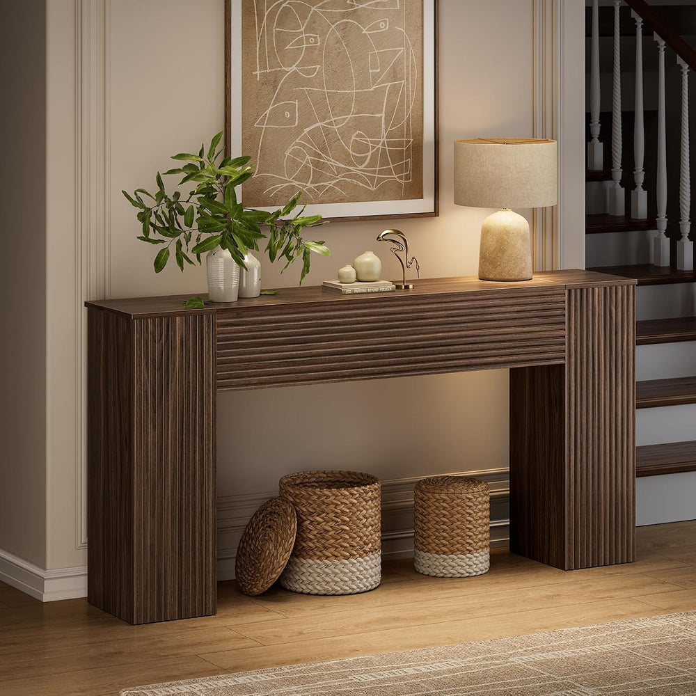 FABATO 61” Fluted Long Console Table with 2 Hidden Storage Cabinets, Walnut |...