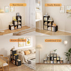 Ladder Cube Storage Bookcase - Wooden L-Shaped 3-Tier Corner Shelf, Reversible 6-Cube Organizer for Home & Office, Black