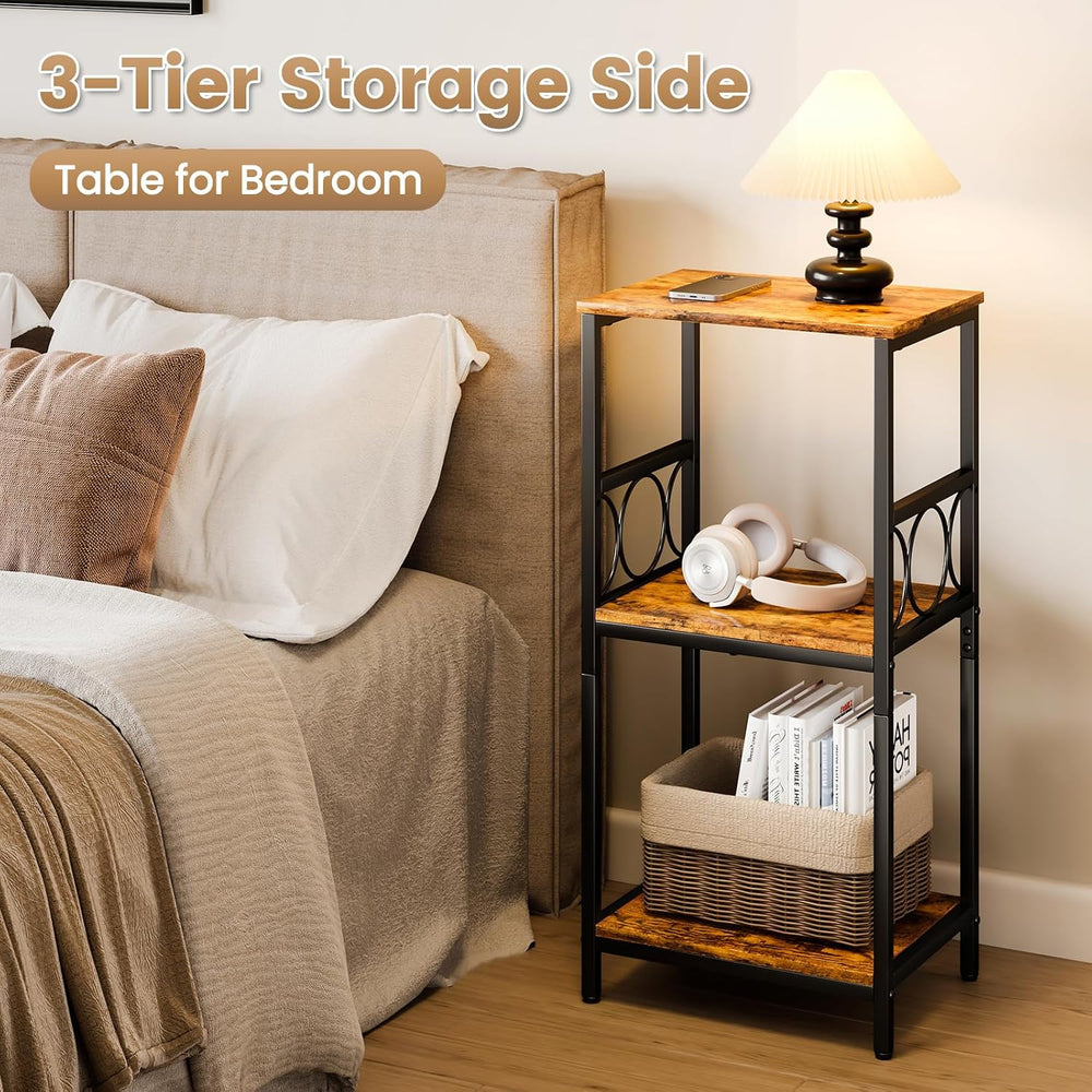 Side Table 3-Tier End Table with Adjustable Shelf Modern Tall Nightstand Smal...