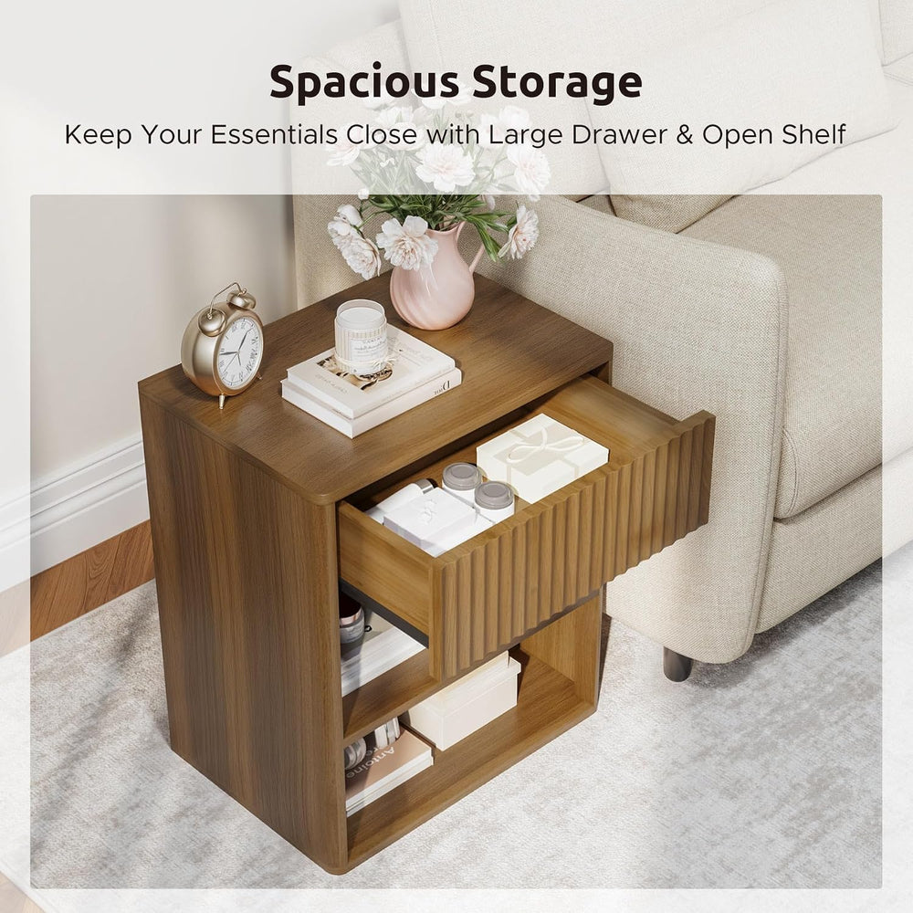 Nightstand Bedside Table Storage Drawer - Large Mid Century Modern Night Stan...