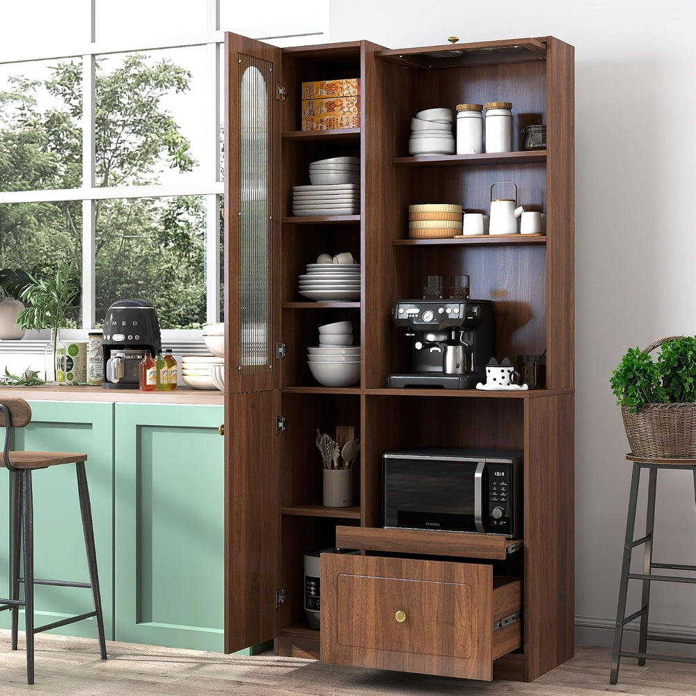 Pantry Cabinet, 71" Kitchen Buffet Hutch with Fluted Glass & Pull-Ou...
