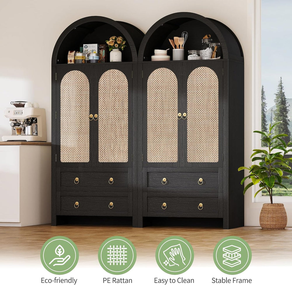 71" Arched Cabinet Kitchen Pantry Cabinet with Rattan Doors, Storage Cab...