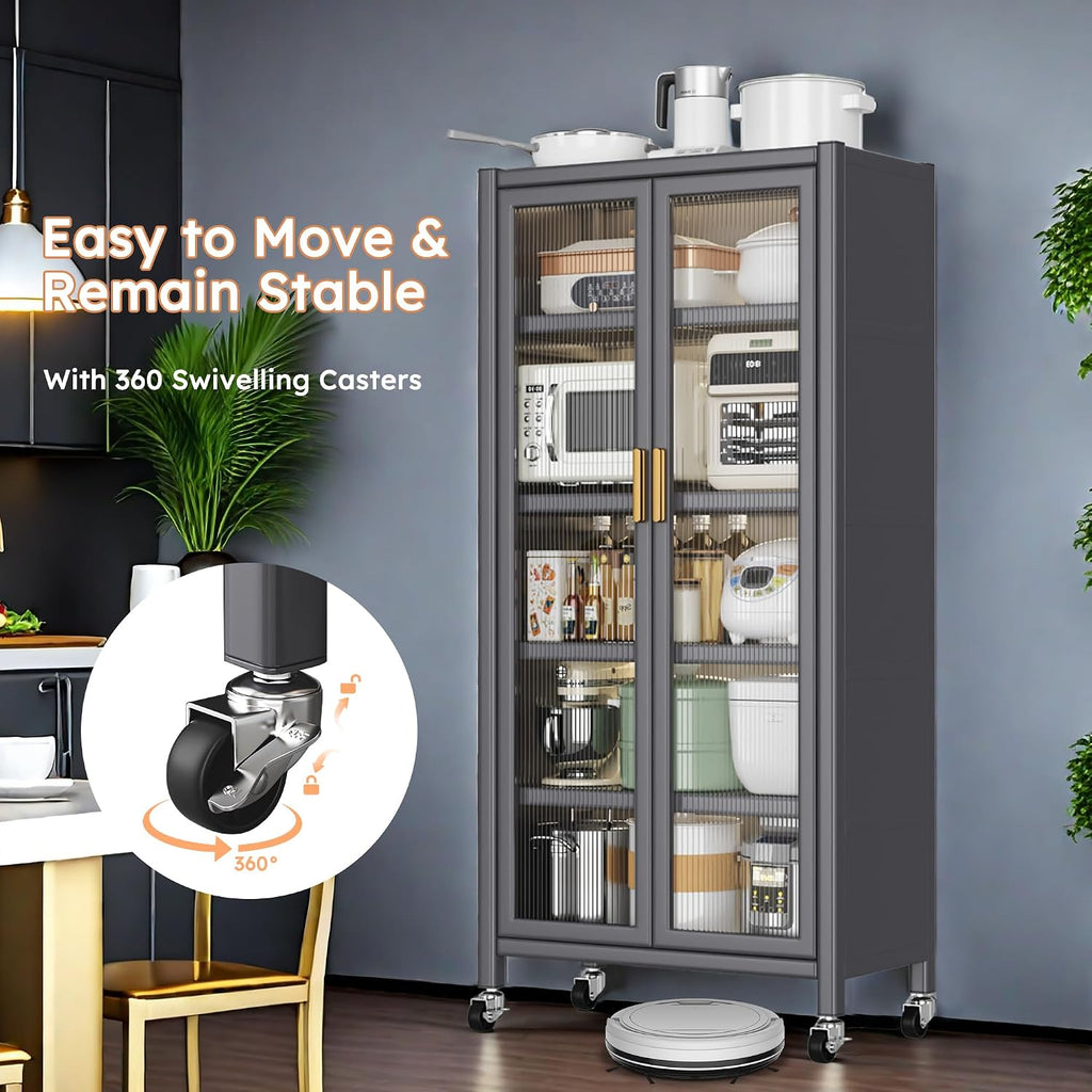 6 Tier 63" Kitchen Appliance Storage,Appliance Cabinet,Bakers Rack with Doors with Transparent Flap Door Design Kitchen Storage Shelves,Microwave Stand for Dining Room Black