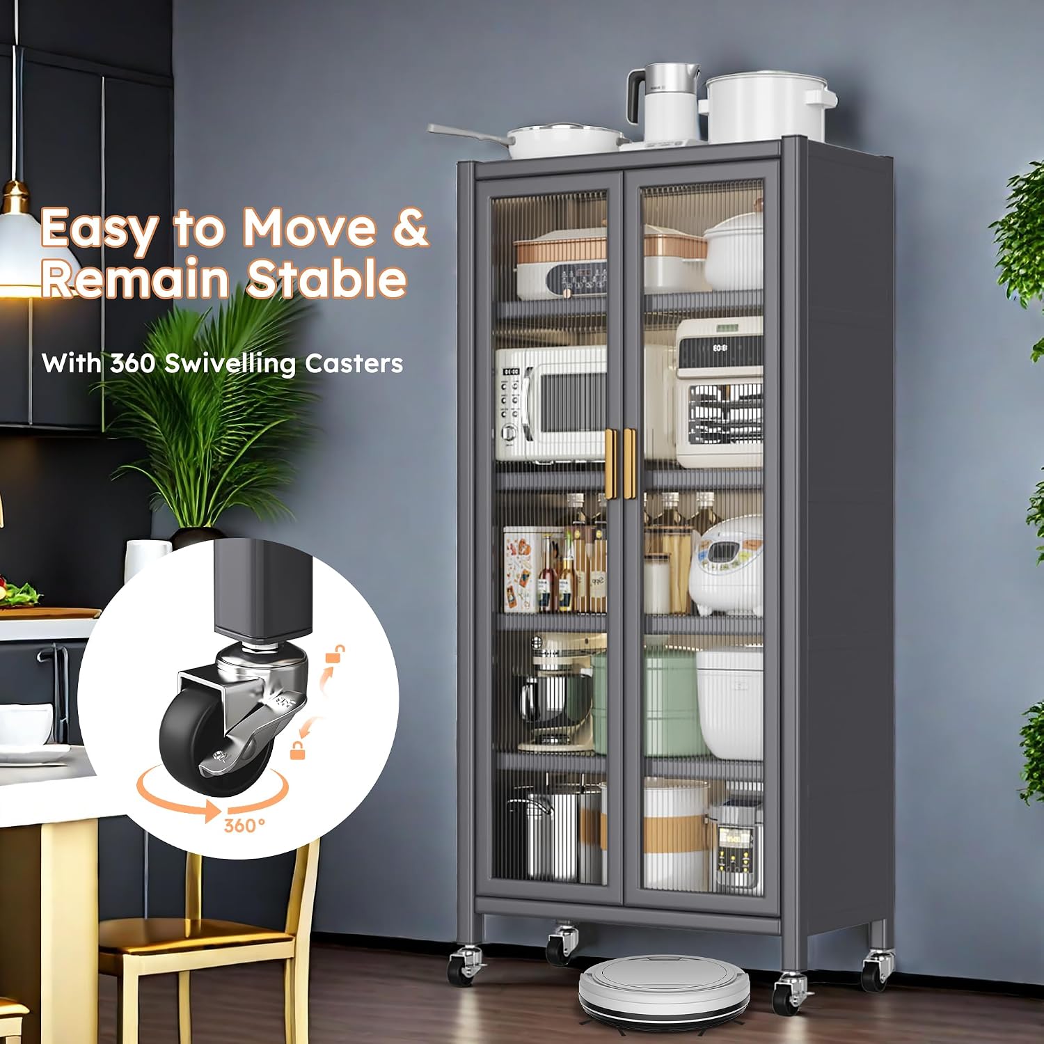 6 Tier 63" Kitchen Appliance Storage,Appliance Cabinet,Bakers Rack with Doors with Transparent Flap Door Design Kitchen Storage Shelves,Microwave Stand for Dining Room Black
