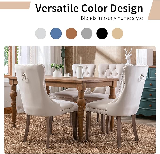 Modern Dining Chairs Set of 2, Tufted Upholstered Dining Chair with Solid Wood Legs, Beige Velvet Accent Chair, Sillas de Comedor, Comfy Kitchen Chairs (Beige, Velvet, 2Pcs)