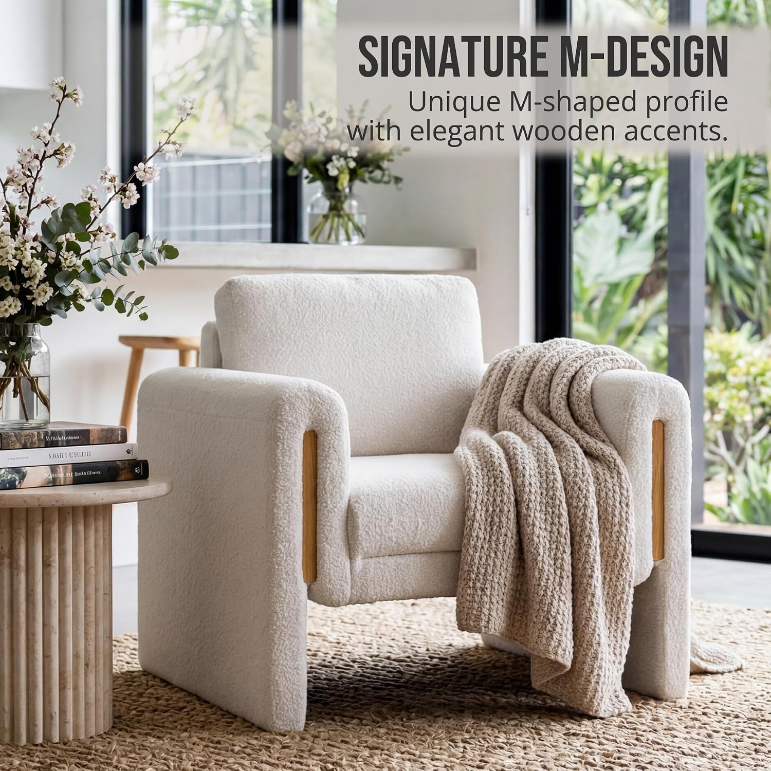 35" Wide Accent Chair, Modern Boucle Armchair with Extra Thick Cushion, Oversized Upholstered Single Sofa Reading Chair for Living Room, Bedroom, Office, Small Spaces (Cream White)