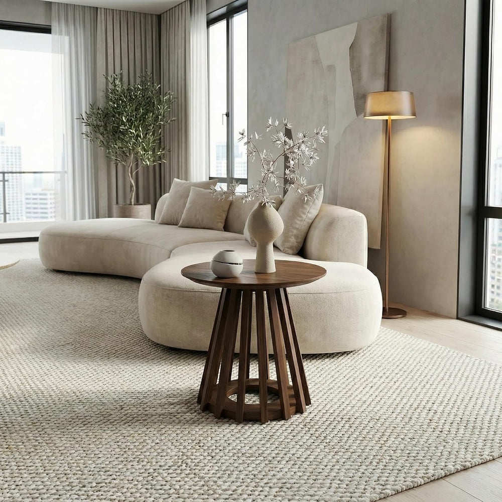 DUOMAY Modern Solid Wood Round Side Table with Geometric Base, Wood Accent En...