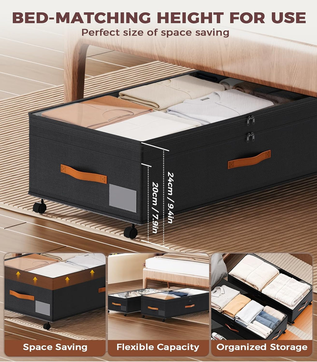 Under Bed Storage with Wheels, 35.5 inches Underbed Storage Large Capacity Under Bed Rolling Containers, 2 Pack Under the Bed Storage for Clothes, Shoes, Blankets (Deep Black)