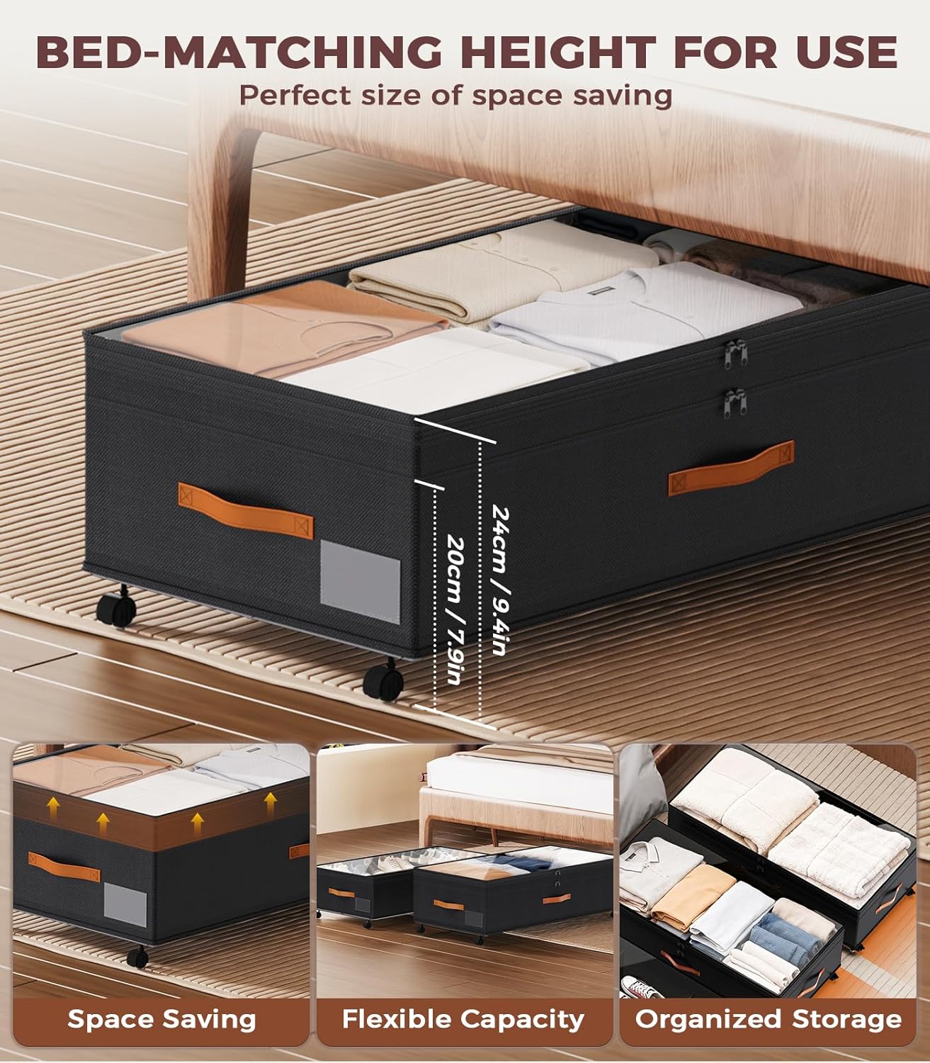 Under Bed Storage with Wheels, 35.5 inches Underbed Storage Large Capacity Under Bed Rolling Containers, 2 Pack Under the Bed Storage for Clothes, Shoes, Blankets (Deep Black)