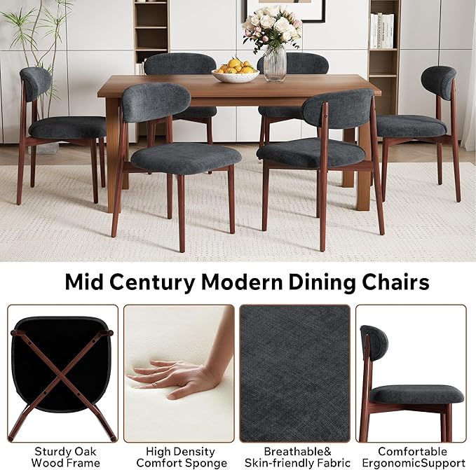 Wooden Dining Chair Set of 1, Modern Dining Chairs with with Curved Back, Fabric Upholstered Kitchen Dining Room Chairs with Adjustable Legs for Farmhouse Dining Living Room,Dark Grey