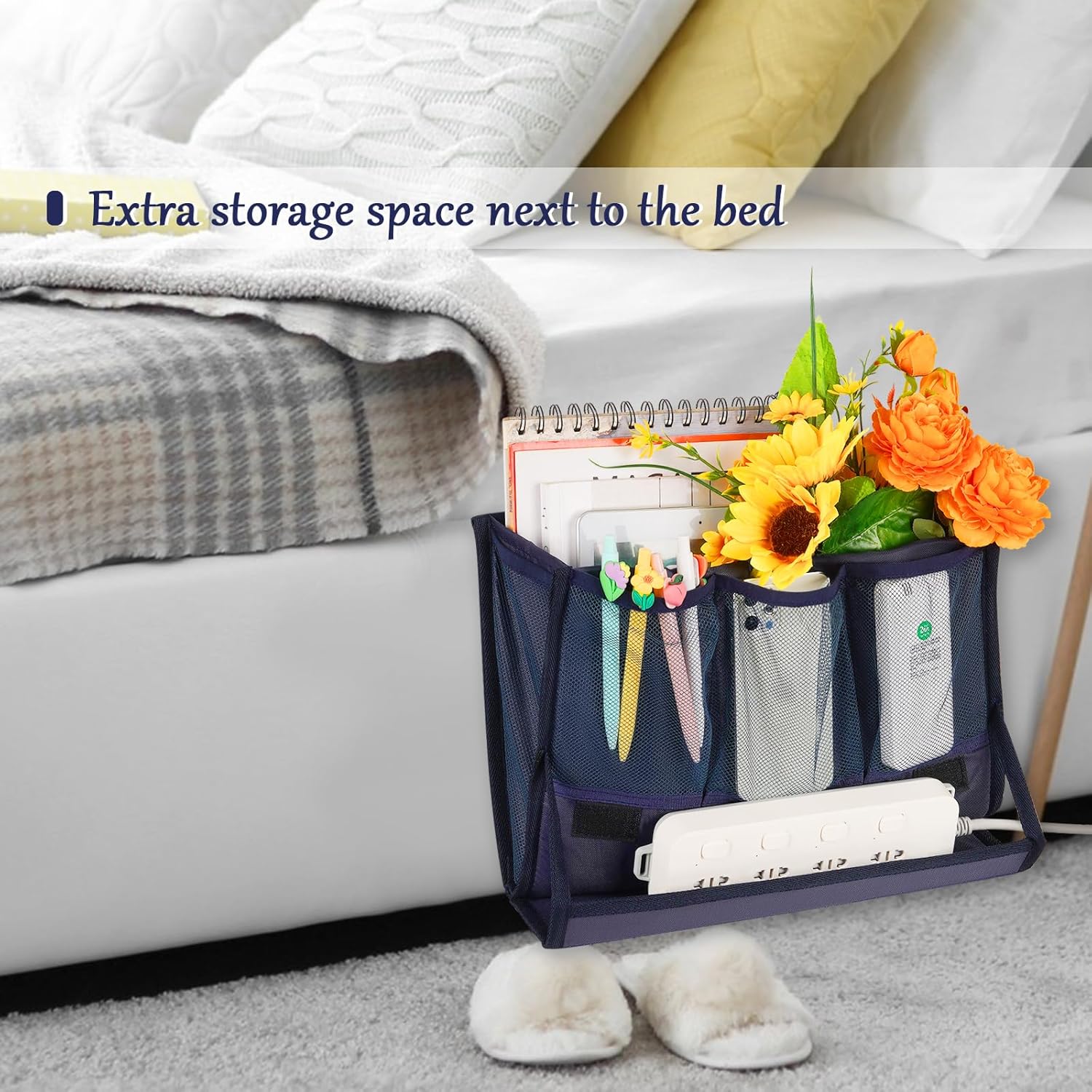 Bedside Storage Organizer with Power Strip Holder and Adjustable Straps Bed Hanging Bag for Home Bunk Bed Dorm Sofa (Navy Blue)