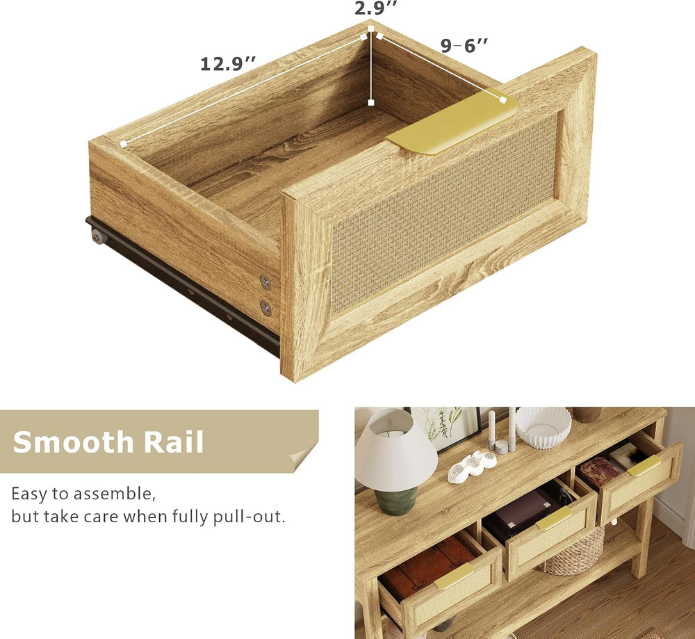 KIGOTY Console Table with Charging Station, Rattan Style Sofa Table Behind Th...