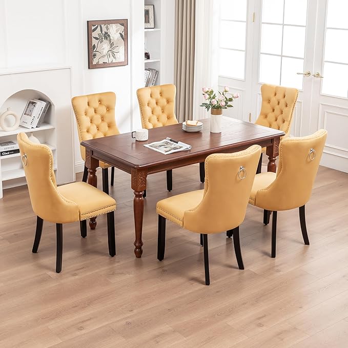 Mid Century Modern Dining Chair Set of 6 Velvet Upholstered Dining Accent Chair Farmhouse Dining Chairs with High Back and Nailhead Trim for Kitchen, Living Room, Bedroom (Gold)