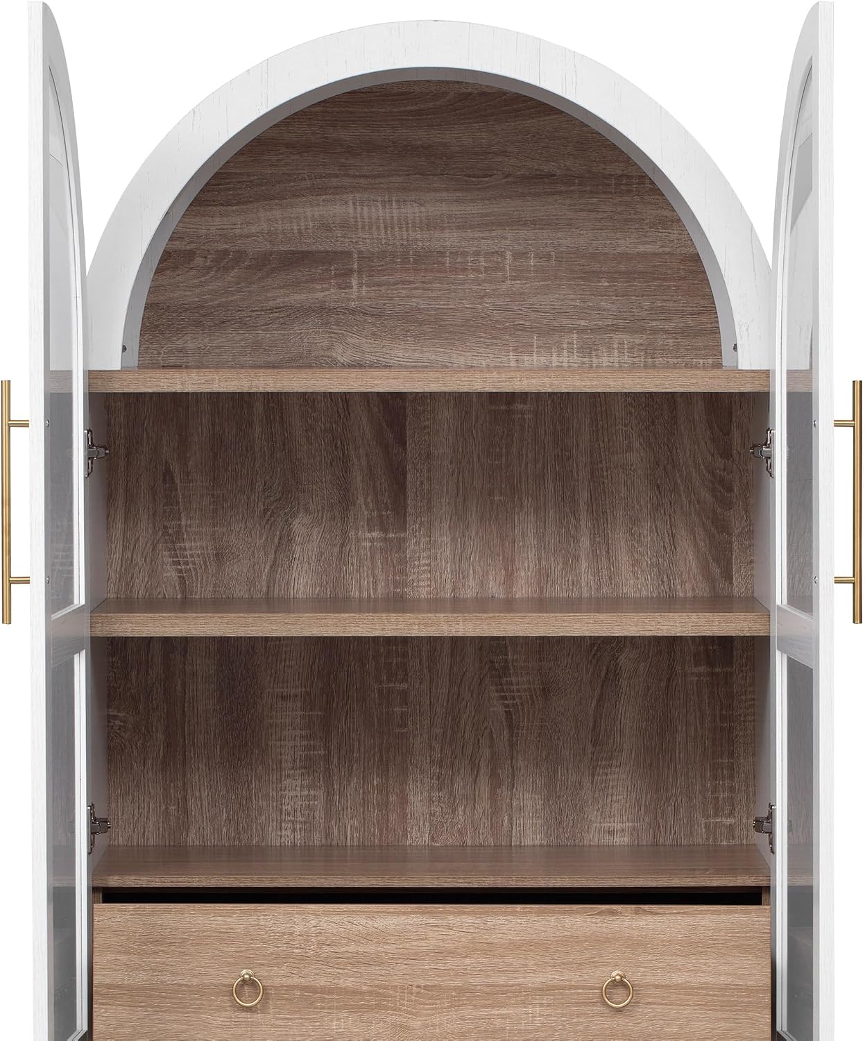 KLMM 71" Tall Arched Kitchen Pantry with Door Shelves,Storage Cabinets with Open & Adjustable Shelves,Hidden Drawer & Glass Door,for Kitchens Dining Room (White#Glass)