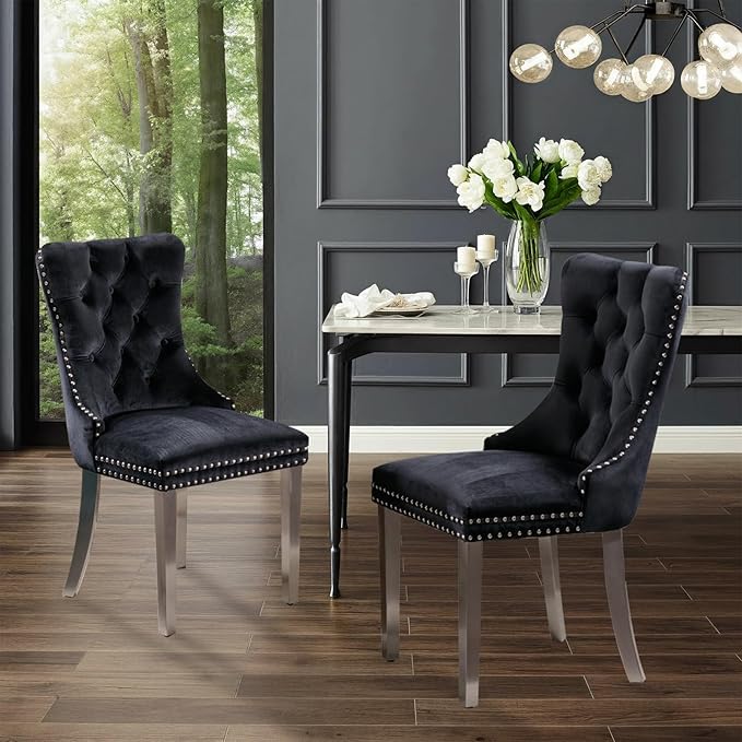 Velvet Upholstered Dining Chairs Set of 2, Modern Style Kitchen Side Chairs with Nailhead Trim and Silver Plated Leg, Metal Pulling Ring for Dining Room Living Room(Black,Set of 2)