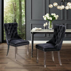 Velvet Upholstered Dining Chairs Set of 2, Modern Style Kitchen Side Chairs with Nailhead Trim and Silver Plated Leg, Metal Pulling Ring for Dining Room Living Room(Black,Set of 2)