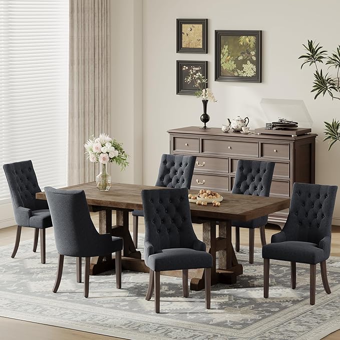 COLAMY Wingback Upholstered Side Dining Room Chairs Set of 2, Fabric Dining Chairs with Tufted Button, Living Room Chairs for Home Kitchen, Black