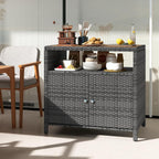 RELAX4LIFE Wicker Outdoor Bar Cabinet - PE Rattan Patio Bar Table w/Acacia Wood Countertop, Open Shelf & 2 Doors, Buffet Sideboard Organizer for Garden Backyard Pool, Outside Storage Cabinet (Grey)