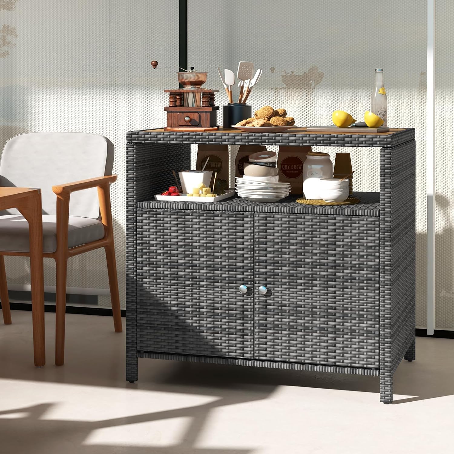 RELAX4LIFE Wicker Outdoor Bar Cabinet - PE Rattan Patio Bar Table w/Acacia Wood Countertop, Open Shelf & 2 Doors, Buffet Sideboard Organizer for Garden Backyard Pool, Outside Storage Cabinet (Grey)