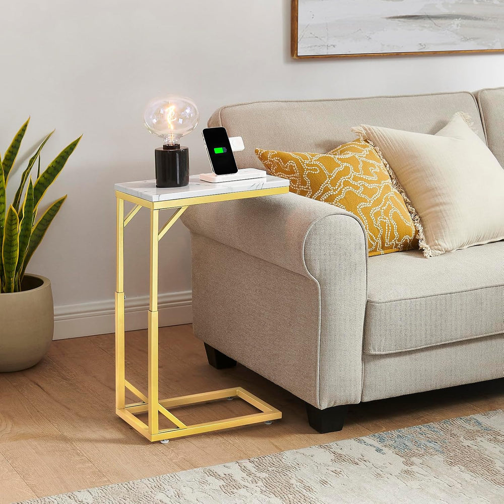 C-Shaped End Table, Small Sofa Table with Metal Frame, Adjustable Height Side...