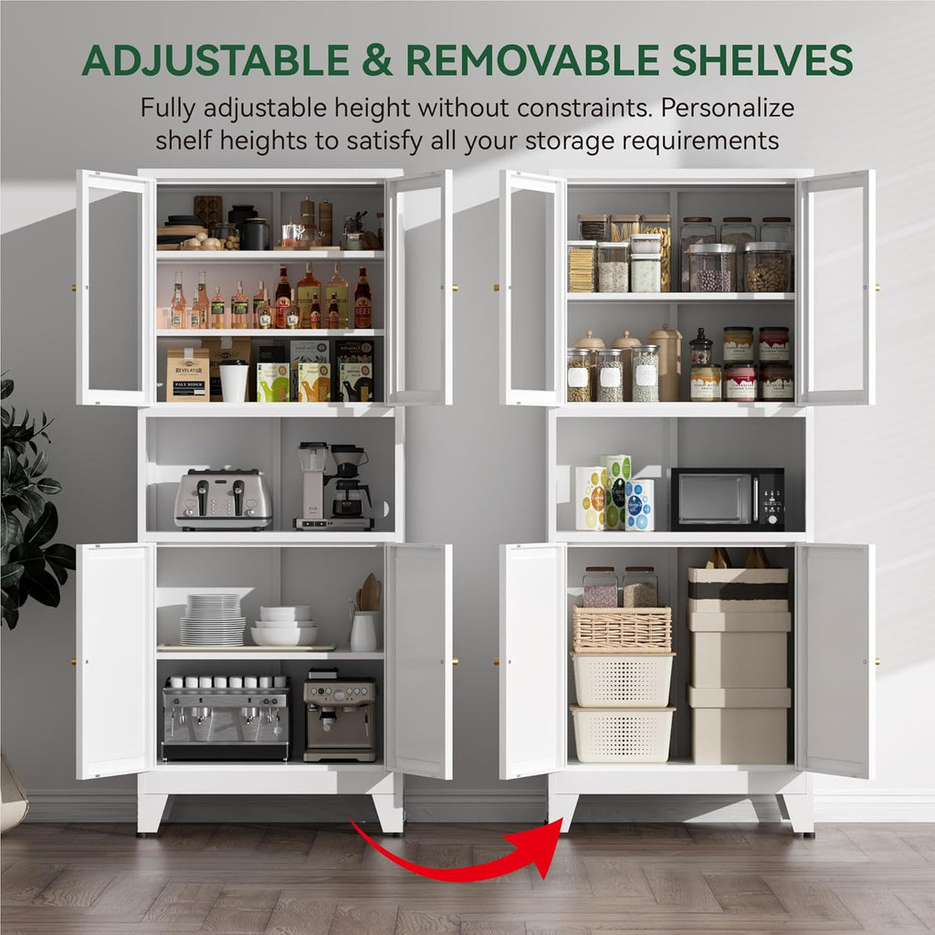 COFaR 69" Metal Pantry Cabinet,Metal Storage Cabinet with 2 Glass Doors | Tall Kitchen Pantry with Doors and Shelves, Microwave Shelf, Freestanding Cupboard for Kitchen, Dining Room, Bathroom, White