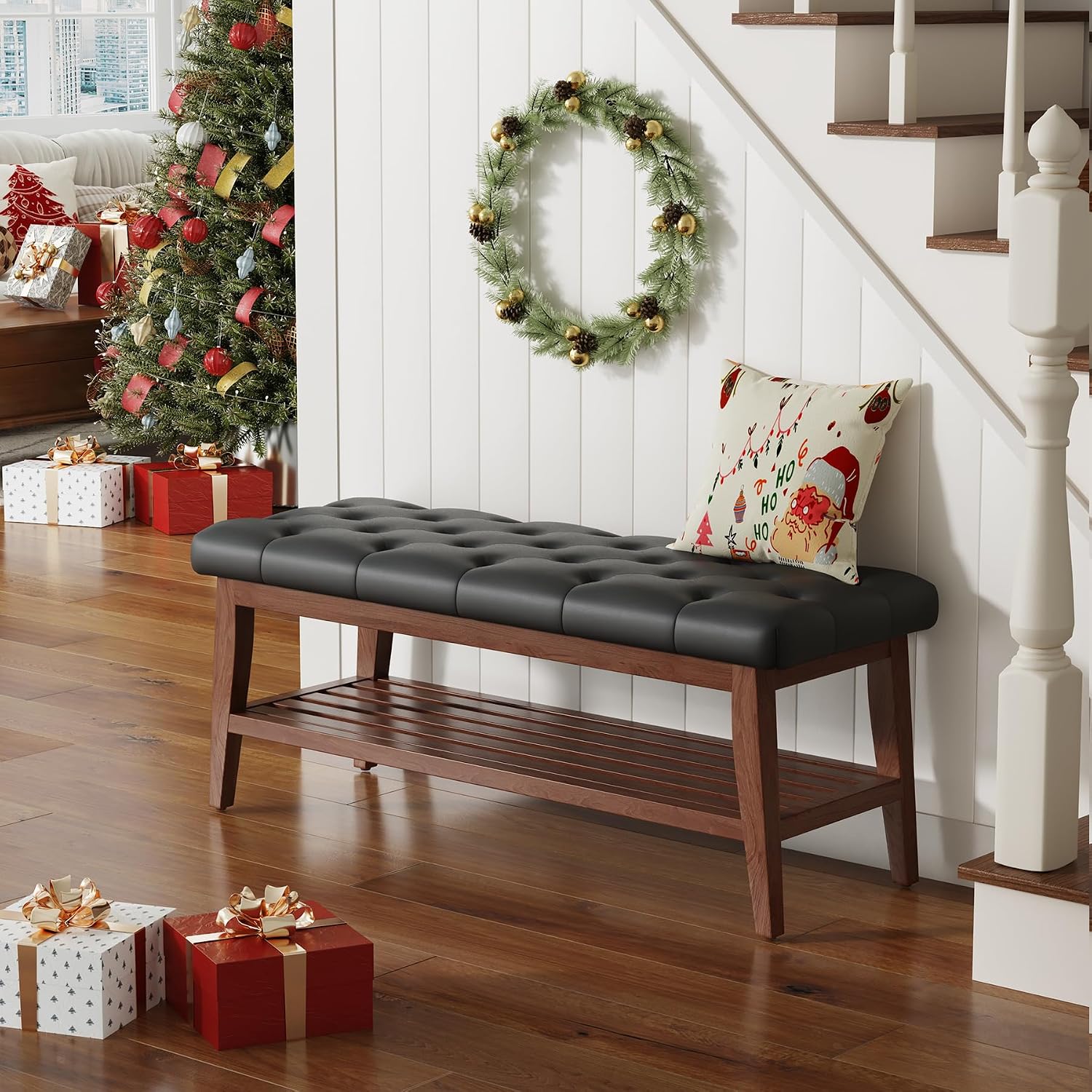 LEILISI Entryway Shoe Bench with Storage, End of Bed Bench, Microfiber Leather Upholstered Button-Tufted Seat Bench with Solid Wood Frame for Living Room, Bedroom (Black, 39.4'')