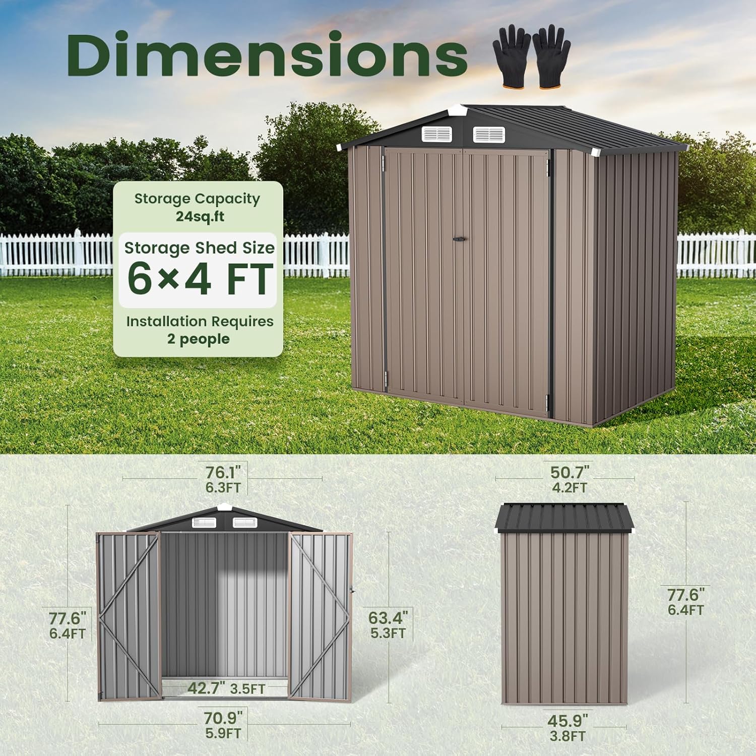 GVDV 6x4 FT Outdoor Metal Storage Shed with Floor, Durable Garden Shed with Updated Frame Structure for Backyard, Patio, Tool Storage, All-Weather Shelter for Bike, Gardening Tools, Equipment, Pet