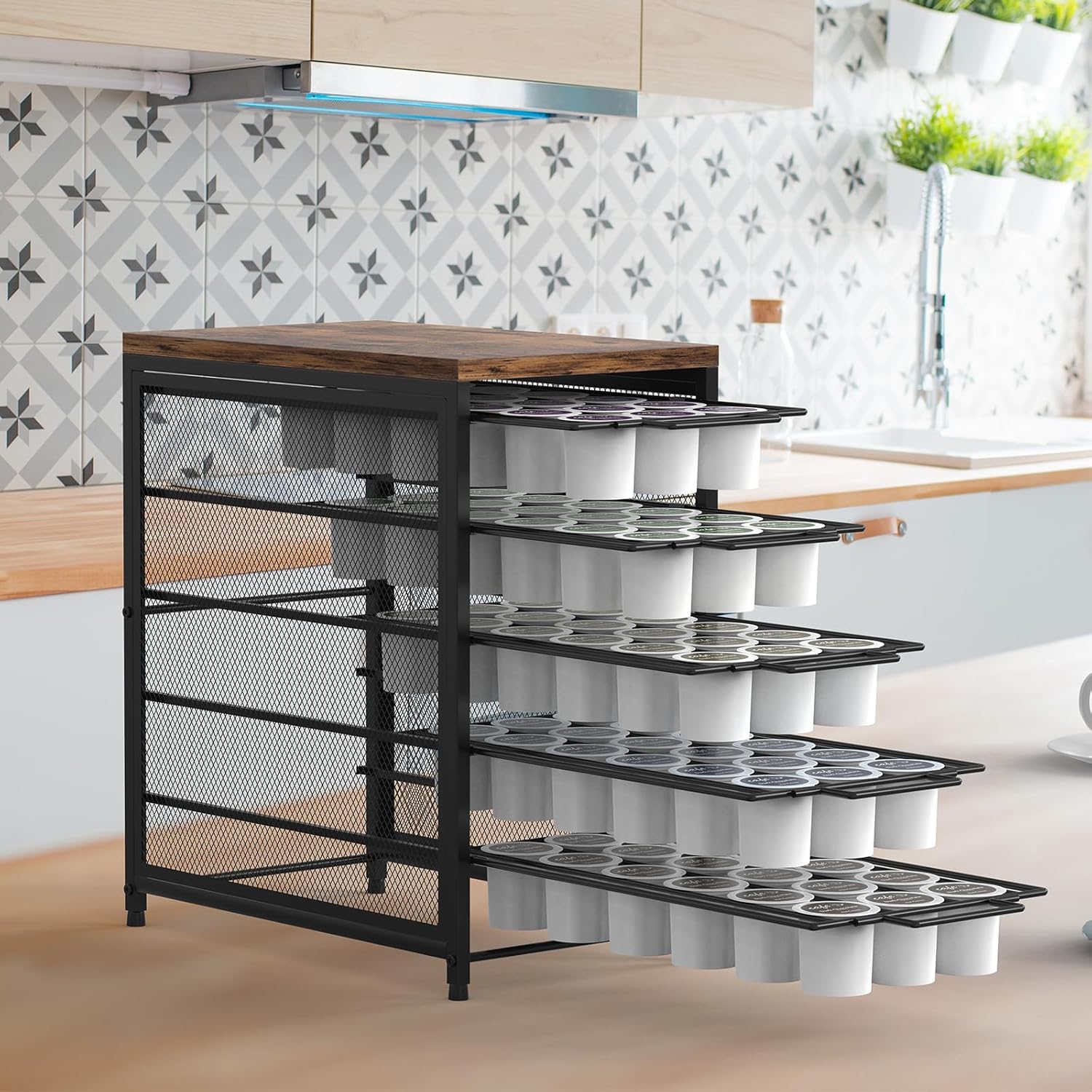 Coffee Pod Drawer for K Cups 90 Pod Pack Capacity Rack K Cups Holder Drawer Organizer for Coffee Station 5 Tier K Cups Coffee Pods Holder Suit for Home Office Cafe Counter, Black and Brown
