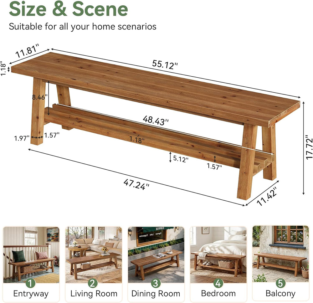 55" Farmhouse Wood Bench, 2-Tier Rustic Kitchen Dining Seat, Indoor End ...