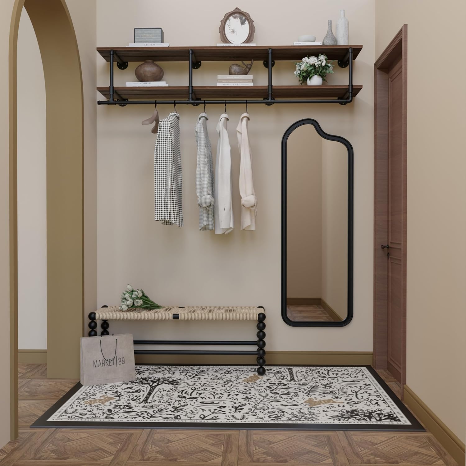 Wall Mounted Clothes Rack 12 Inch Deep, 72 Inch Heavy Duty Garment Rack with Real Walnut Wood Shelf, Multi-Purpose Hanging Rod & Space-Saving Closet Storage Organizer