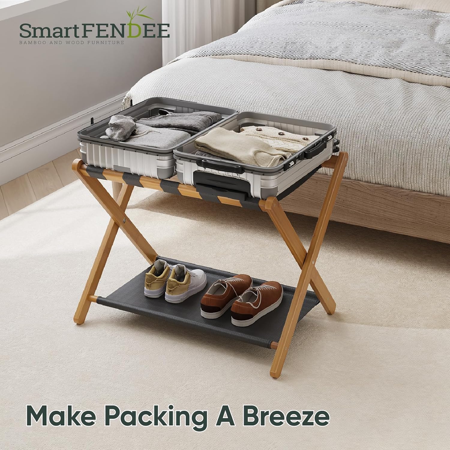 Smart FENDEE Luggage Rack, Folding Luggage Rack for Guest Room, Walnut Bamboo Suitcase Stand Holds up to 131 lb, Luggage Stand with Storage Shelf for Hotel, Bedroom (1 Pack)