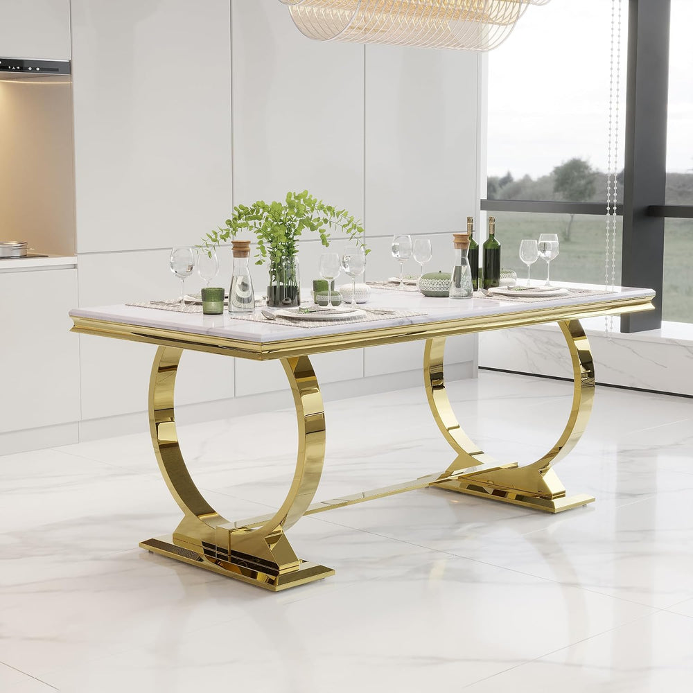 7 Piece Dining Table Set for 6, Luxurious 70" White and Gold Dining Room...