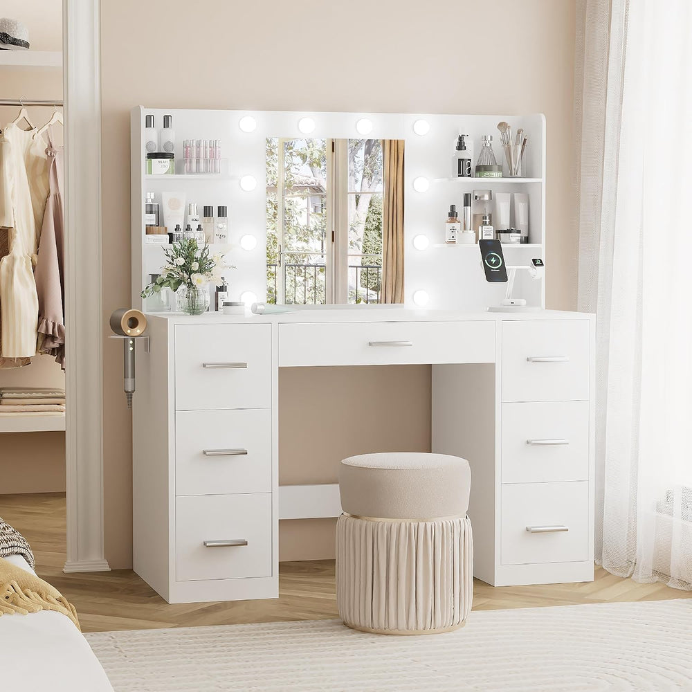 YESHOMY Vanity Desk with Mirror, Outlet, 10 Lights & 7 Drawers,Pure White...