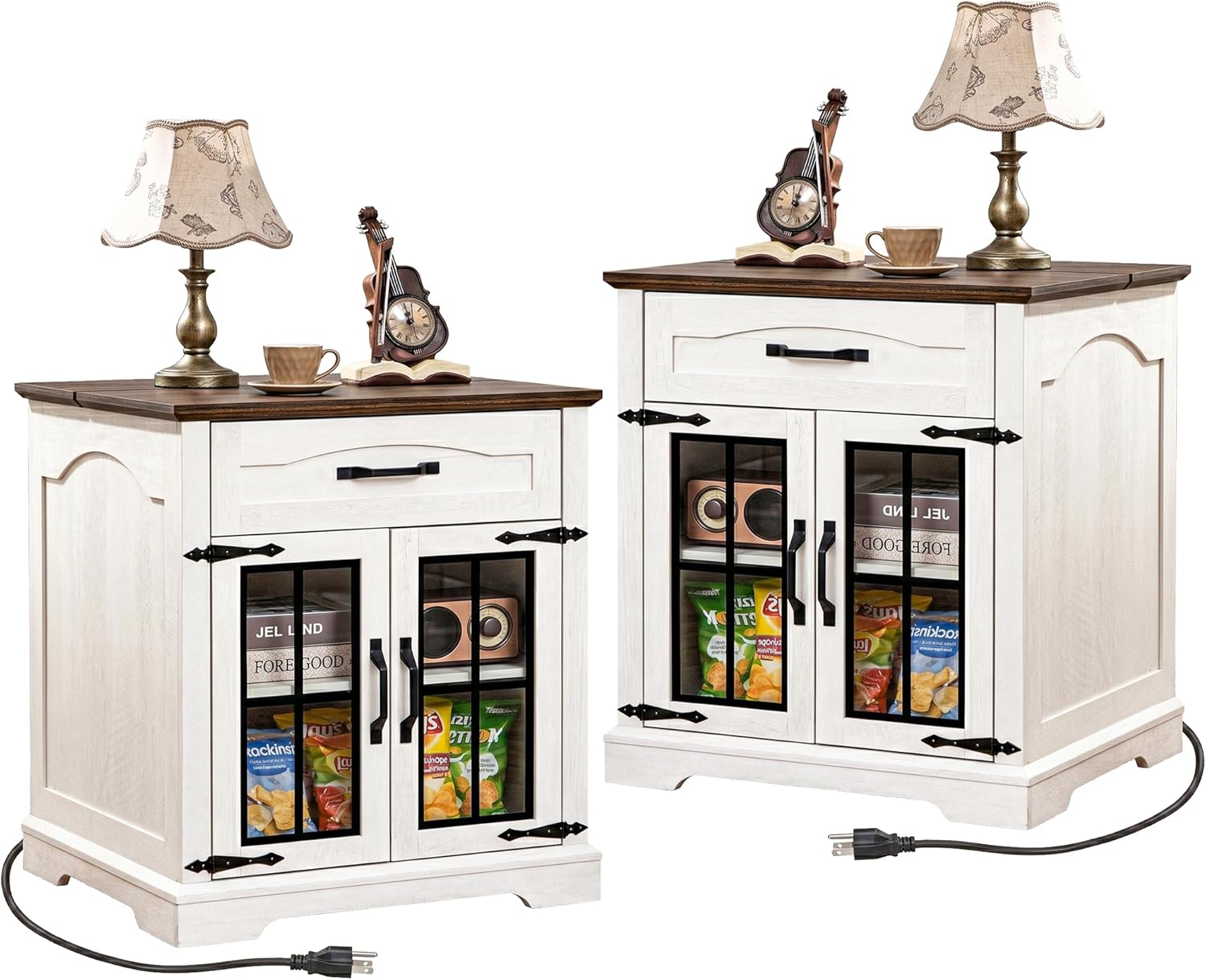 Farmhouse End Table Set of 2 with Charging Station,24'' Side Table with Drawer and Door for Living Room,Rustic Wooden Square Nightstand for Bedroom,Bedside Table with Storage for Home, Off White